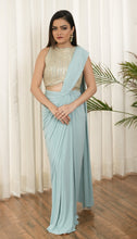 Load image into Gallery viewer, Light Gold and blue halter cut style blouse with draped Saree