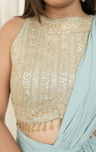 Load image into Gallery viewer, Light Gold and blue halter cut style blouse with draped Saree