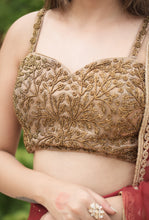 Load image into Gallery viewer, Gold choli blouse with Maroon mukaish skirt