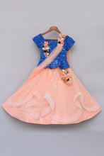 Load image into Gallery viewer, Girls Blue Embroidery Choli With Peach Net Lehenga and Stitched Dupatta