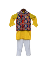 Load image into Gallery viewer, Boys Blue Patola Nehru Jacket With Kurta &amp; Pant