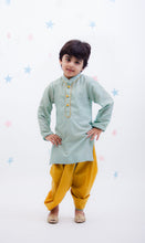 Load image into Gallery viewer, Boys Blue Zig Zag Gota Kurta &amp; Yellow Dhoti