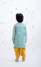 Load image into Gallery viewer, Boys Blue Zig Zag Gota Kurta &amp; Yellow Dhoti