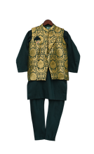 Load image into Gallery viewer, Boys Green Brocade Nehru Jacket With Kurta &amp; Churidar