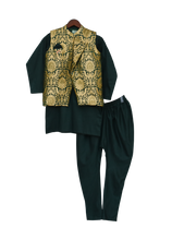 Load image into Gallery viewer, Boys Green Brocade Nehru Jacket With Kurta &amp; Churidar