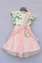 Load image into Gallery viewer, Girls Mint Green Top With Peach Printed Lehenga Saree in USA