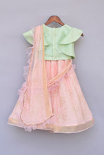 Load image into Gallery viewer, Girls Mint Green Top With Peach Printed Lehenga Saree in New York