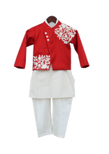 Load image into Gallery viewer, Boys Offwhite Kurta With Red Jacket &amp; Churidar