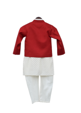 Load image into Gallery viewer, Boys Offwhite Kurta With Red Jacket &amp; Churidar
