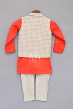 Load image into Gallery viewer, Boys Offwhite Printed Nehru Jacket With Kurta &amp; Churidar