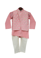 Load image into Gallery viewer, Boys Peach Printed Kurta With Nehru Jacket &amp; Churidar