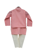Load image into Gallery viewer, Boys Peach Printed Kurta With Nehru Jacket &amp; Churidar