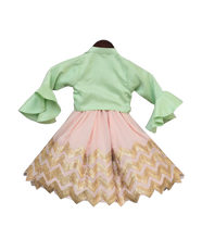 Load image into Gallery viewer, Girls Pista Green Knotted Top With Peach Gota Lehenga