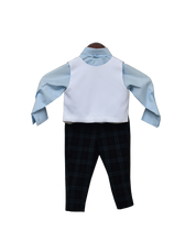 Load image into Gallery viewer, Boys Powder Blue Shirt With Black Check Pant &amp; White Iron Man Print Waist Coat