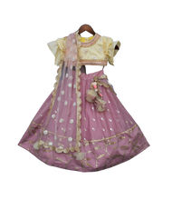 Load image into Gallery viewer, Girls Purple Chanderi Lehenga With Yellow Choli And Pink Dupatta
