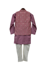 Load image into Gallery viewer, Boys Purple Foil Printed Nehru Jacket With Kurta &amp; Churidar