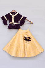 Load image into Gallery viewer, Girls Purple Velvet Peplum Choli With Yellow Brocade Lehenga