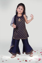 Load image into Gallery viewer, Girls Navy Blue Sharara And Kurta Set With Dupatta For Girls