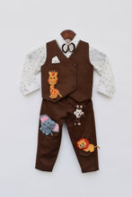 Load image into Gallery viewer, Boys White Shirt With Brown Waist Coat And Pant With Animals Motifs