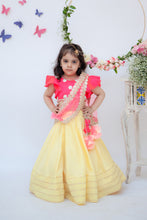 Load image into Gallery viewer, Girls Yellow Lehenga With Pink Choli And Mirror Boti Dupatta