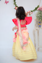 Load image into Gallery viewer, Girls Yellow Lehenga With Pink Choli And Mirror Boti Dupatta