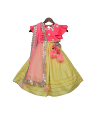 Load image into Gallery viewer, Girls Yellow Lehenga With Pink Choli And Mirror Boti Dupatta