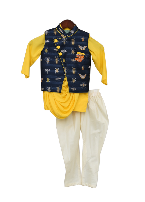 Boys Yellow Cowl Kurta With Printed Nehru Jacket Set