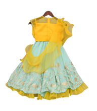 Load image into Gallery viewer, Girls Yellow Tassel Top With Aqua Blue Lehenga